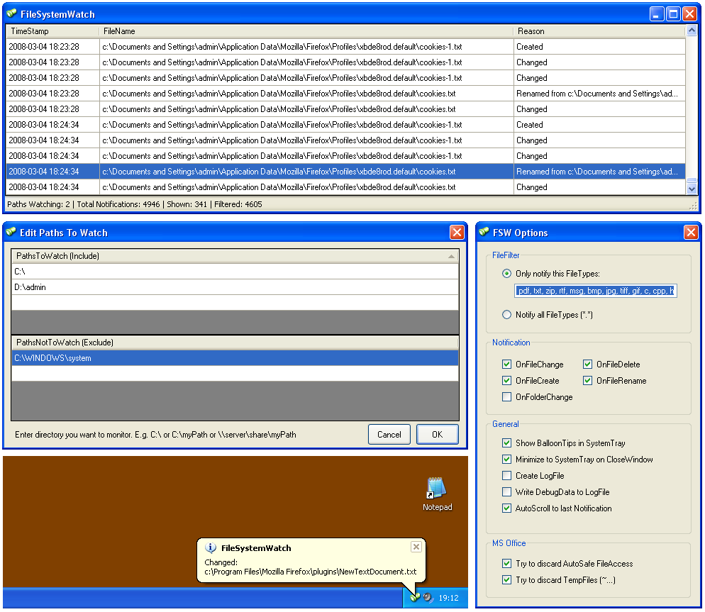 Tool keeps track of file events and reports them in a DataGridView control.